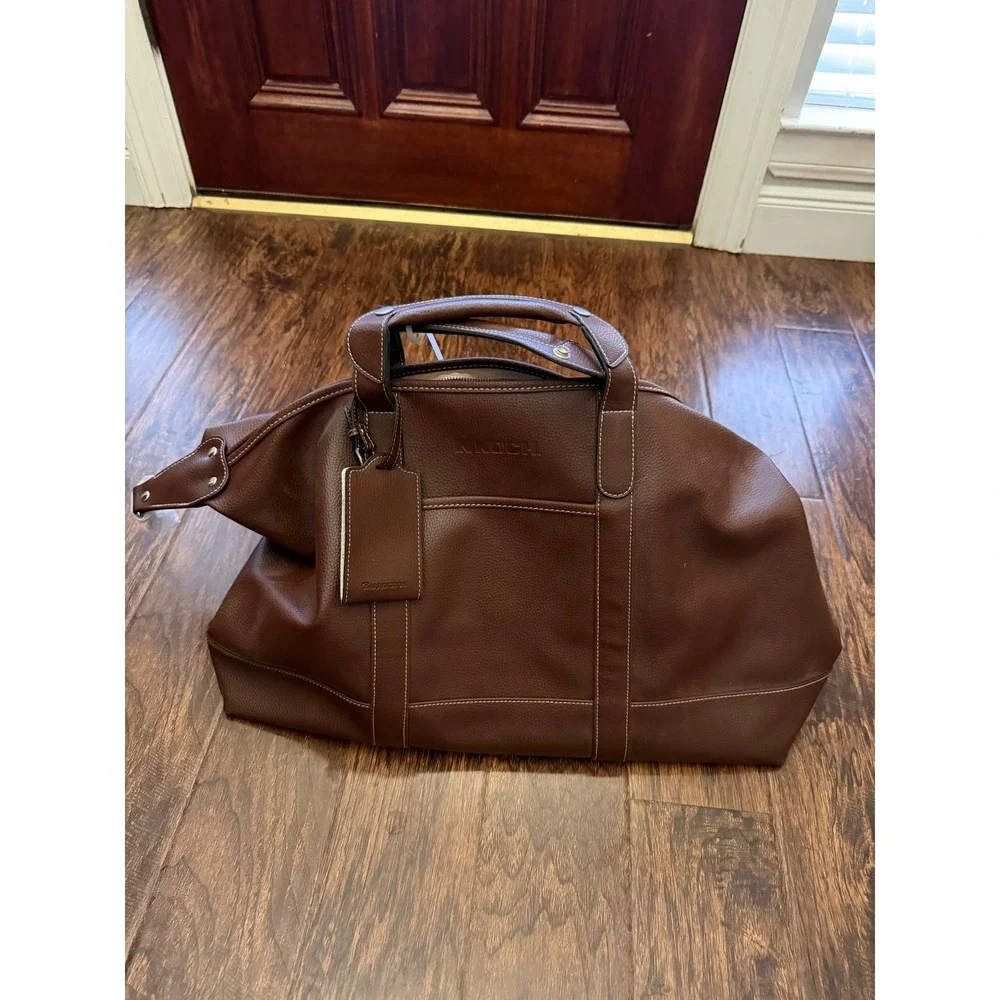 Barrington Koch Brown Pebble Leather Duffel Bag Weekender Travel Luggage Tag